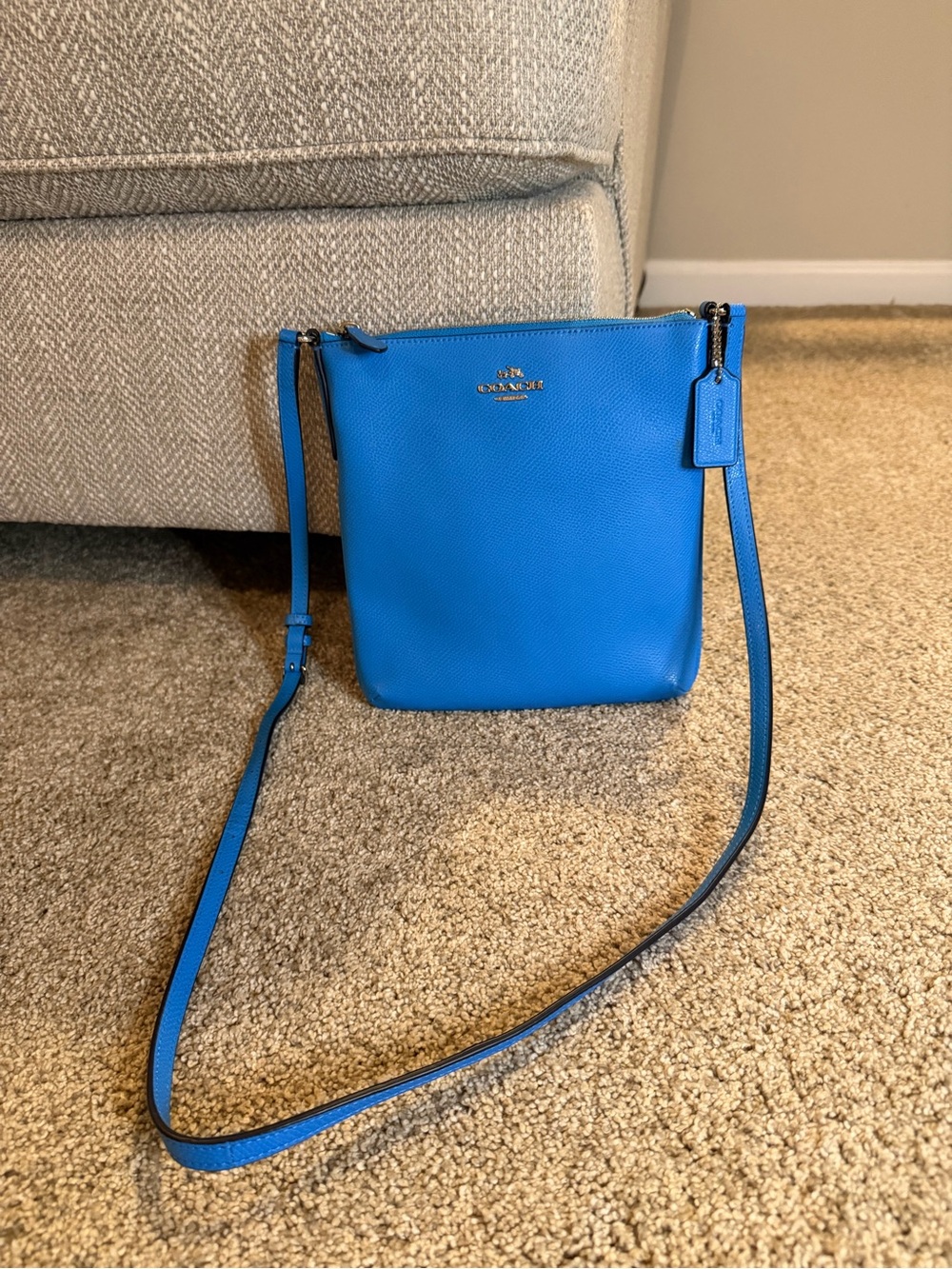 Coach Blue Crossgrain Leather North South Crossbody Bag Silver Hardware